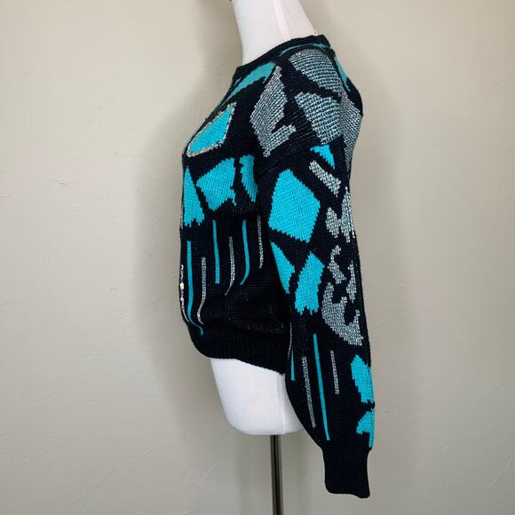 Vintage 90s Black Turquoise Sweater with Silver Sequin Details Sz Medium - Picture 4 of 7